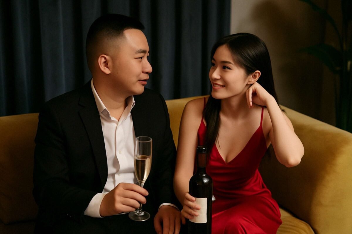 A_photograph_captures_a_young_East_Asian_couple Hombre y mujer joven en sofá