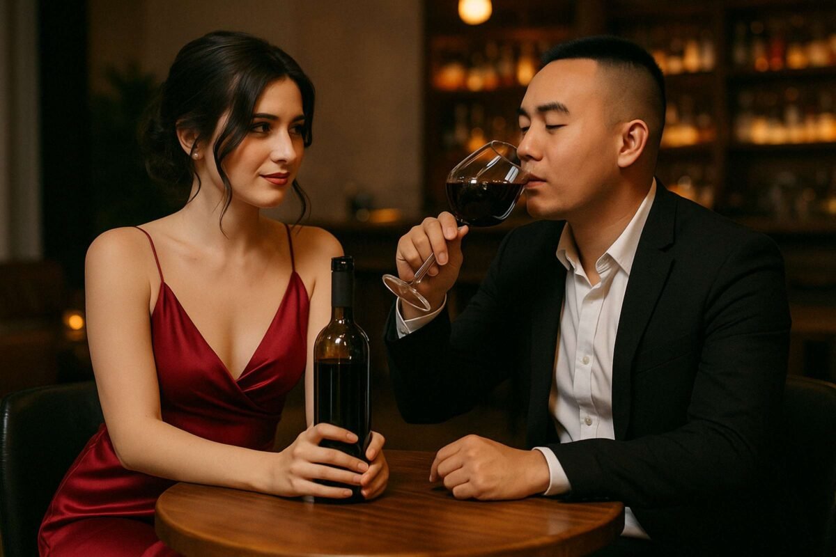 A_photograph_of_a_young_couple_shows_them_seated_a_2400x1600 Hombre y mujer joven tomando vino